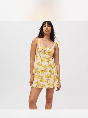 Urban Outfitters Lemon-Print Tie Shoulder Mini Dress - Yellow/White